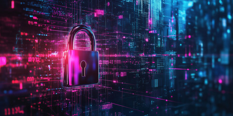 Fototapete - Digital padlock symbolizing cybersecurity and data protection in a futuristic environment.