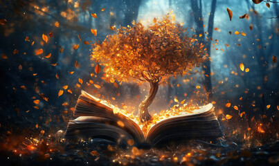 Poster - Magical tree growing from open book surrounded by glowing autumn leaves.