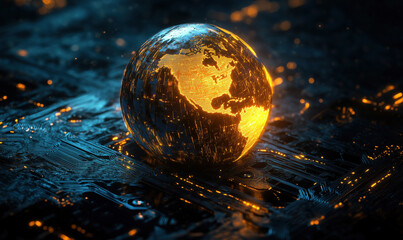 Poster - Glowing digital globe representing North America on circuit board background.