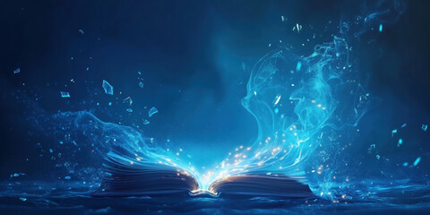 Poster - Magical open book with glowing light and swirling blue energy in dark background.