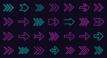 Fototapete - Neon Arrow Collection Glowing on Dark Background, Futuristic Directional Signs, Arrows Pointing Right