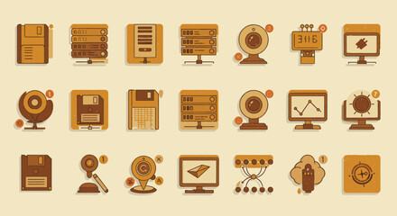 Fototapete - Retro Tech Icons Set Representing Floppy Disks, Servers, Webcams, and Cloud Computing with Vintage Style