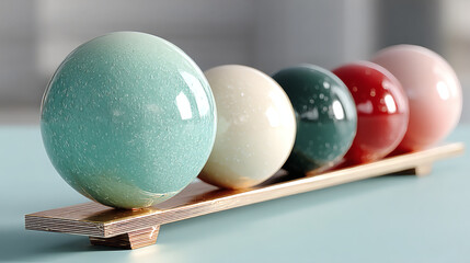 Poster - Five Colorful Decorative Spheres on a Wooden Display Stand