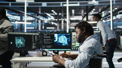 Poster - server hub admin with paraplegia receiving paperwork documents from colleague, using ai node tree so