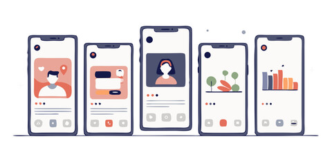 Illustration of five mobile phones displaying different app interfaces and user interface elements design