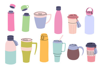 Poster - Cartoon Color Different Thermo Mugs and Bottles Set Take Away Drinks Concept Flat Design Style. Vector illustration of Tumblers with Cover