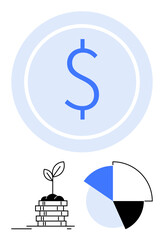 Poster - dollar sign in circle, plant sprouting on coin stack, pie chart with segments. ideal for finance, in