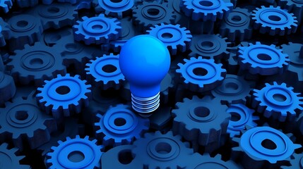 Aufkleber - Blue light bulb surrounded by numerous blue gears, symbolizing innovation and teamwork in technology