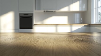 Aufkleber - Bright modern kitchen interior showcasing a wooden table with sunlight streaming through windows
