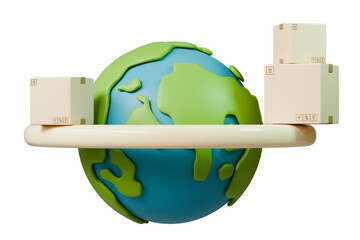 Poster - 3d International Delivery icon. International package delivery concept, Global Tariff purchases transportation business, stack of cardboard boxes and Earth globe isolated on blue background. 3d render