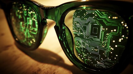Aufkleber - Close-up of futuristic glasses with circuit patterns reflecting in the lenses on a wooden surface