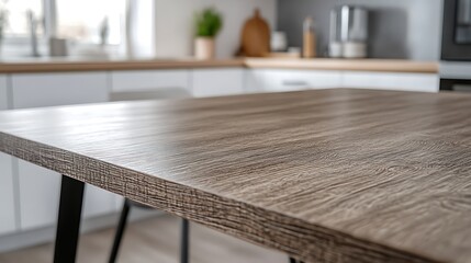 Poster - Close-up view of a wooden table surface in a modern kitchen with soft natural light