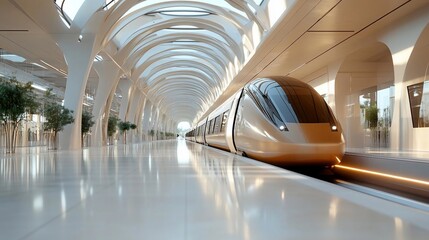 Leinwandbilder - Futuristic train station interior with a sleek, modern train. White architecture, arched ceilings, and vibrant lighting create a bright, airy atmosphere