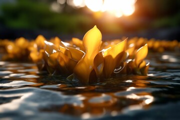 Leinwandbilder - Close-up view of golden seaweed floating in calm water illuminated by warm sunlight creating a serene and tranquil ambiance. Focus on the intricate details and textures