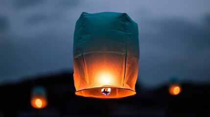 Poster - Floating sky lanterns illuminated against a dusky twilight sky. Orange and turquoise hues blend creating a serene and festive ambiance. Focus on the central lantern with blurred background lanterns