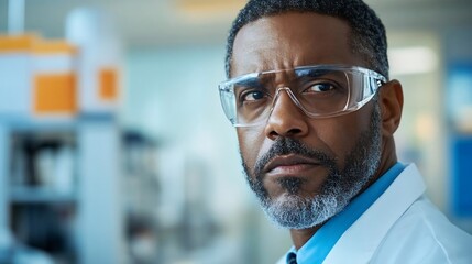 Poster - Focused person in lab coat and protective eyewear against a blurred laboratory setting expressing intensity and determination during scientific research