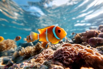Poster - Underwater view of fish swimming around coral reefs in blue ocean water illuminated by sunlight. Bright orange and white fish with blue accents are prominent
