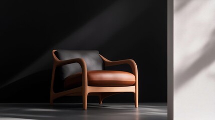 Poster - A leather armchair in a modern interior setting illuminated by natural light casting dramatic shadows against black and white walls with a concrete floor