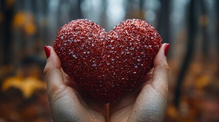 Poster - Close up of hands holding a glittery red heart against a blurred forest backdrop. Soft lighting enhances the romantic and emotional mood.  Focus on love and affection