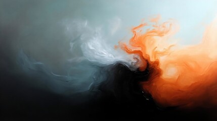 Leinwandbilder - Abstract painting with fluid forms features swirling colors of orange white and black creating an ethereal atmospheric composition. The light gradients evoke a sense of depth and motion