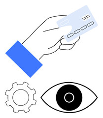 Poster - hand holding a credit card accompanied by gear and eye icons. ideal for themes of finance, technolog