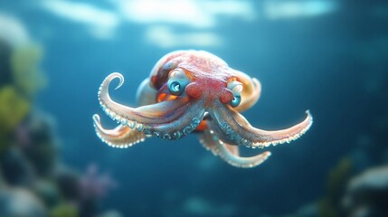 Aufkleber - A vibrant underwater scene showcases a detailed, animated octopus with captivating blue eyes and intricate textures. The backdrop features a blurred coral reef in shades of blue and green evoking a