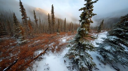 Leinwandbilder - A winter landscape featuring snow-covered ground and evergreen trees under a cloudy sky with a light haze. The scene is illuminated by soft natural light. The focus is on the textures and the