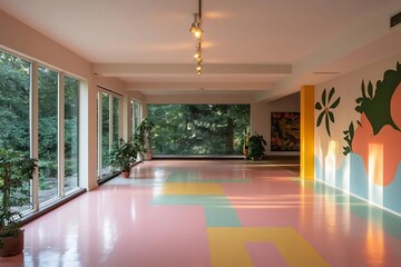 Aufkleber - Spacious modern interior with large windows overlooking lush greenery colorful patterned floor and wall art with natural light