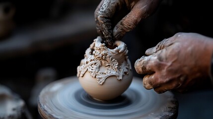 Aufkleber - Close-up of a craftsperson's hands shaping clay on a spinning wheel crafting a detailed textured ceramic vase in warm tones with a blurred background