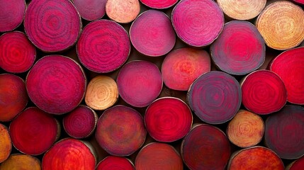 Aufkleber - Colorful circular wooden slices arranged artistically on a wall, showcasing various shades of red