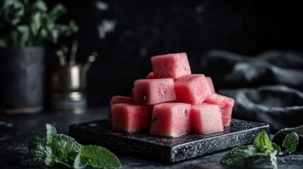 Aufkleber - Close-up view of freshly cut watermelon cubes artfully arranged on a textured black surface with green mint leaves and dark moody background
