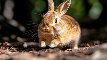 Poster - Close up shot of a brown rabbit in natural outdoor environment. The rabbit is standing with a focused expression looking towards the camera. Warm sunlight highlights the fur