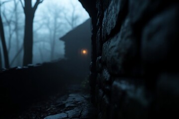 Poster - Mysterious cabin scene in a foggy forest featuring a stone wall in the foreground. Soft light emits from the cabin's window creating a dramatic atmosphere