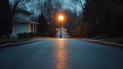 Aufkleber - A wet asphalt road receding towards illuminated streetlights at dusk. Buildings line the road, with trees in the background creating a moody atmosphere, captured in a low-angle shot
