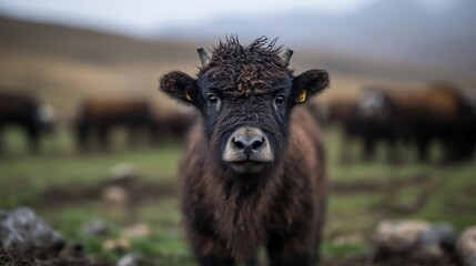 Poster - Close up portrait of an animal with focus on the face with other animals in the blurred background at the field. Moody lighting and natural setting