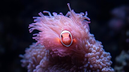 Poster - Close-up of a vibrant orange and white fish peeking out from a pink anemone with intricate tentacles against a dark background