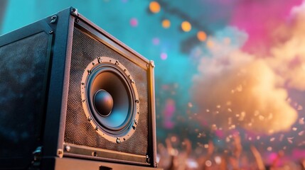 Fototapete - Close-up view of a large speaker against a vibrant backdrop of stage lights and smoke. The speaker is detailed with metallic elements, while the background features colorful bokeh effects and a