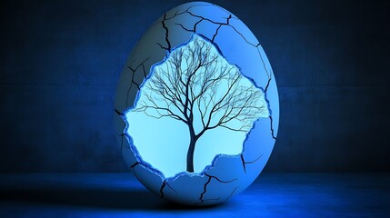 Poster - Cracked blue egg revealing a barren tree inside, symbolizing rebirth in a dark, atmospheric setting