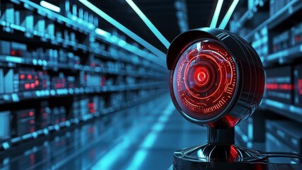 Poster - Futuristic Shelf Scanner with Digital Interface and Red Lights in a High-Tech Warehouse Environment, Representing Advanced Technology and Automation