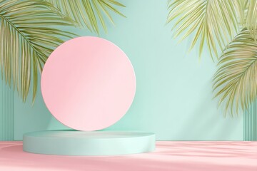 Poster - A minimalist display featuring pastel colors and tropical leaves, creating a vibrant and serene backdrop.