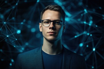 Fototapete - Young professional standing confidently against a high-tech background with glowing connections