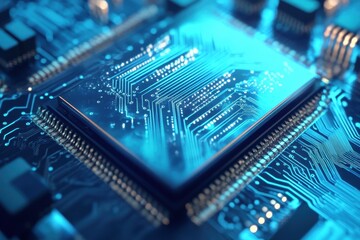 Poster - Advanced circuit board illuminated with blue light showcasing intricate electronic components