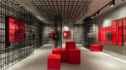 Leinwandbilder - Dynamic modern display space using red cubes and black metal grids as art display surfaces