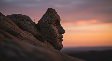 Poster - A statue of a woman's face is sitting on a rock