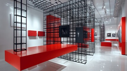 Leinwandbilder - Dynamic modern display space using red cubes and black metal grids as art display surfaces