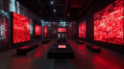Poster - Futuristic art space with red LED strips and black modular walls for immersive exhibit experiences