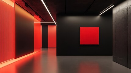 Poster - Minimalist art space using red accent lighting and black structural elements for powerful contrast
