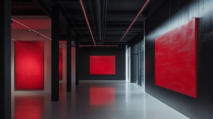 Poster - Minimalist art space using red accent lighting and black structural elements for powerful contrast