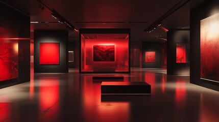 Leinwandbilder - Red and black-themed exhibition space with abstract lighting and modular furniture for versatile art setups