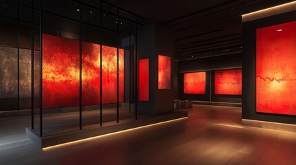Poster - Striking exhibition room with illuminated red panels and matte black partitions showcasing abstract art